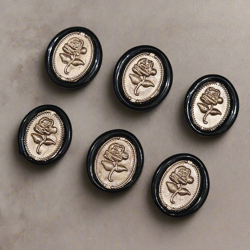 Gothic Rose Champagne Taupe & Black Two Color Wax Seals Set of SIX, with Adhesive Wax Seals for Cards, Invitations and Gifts