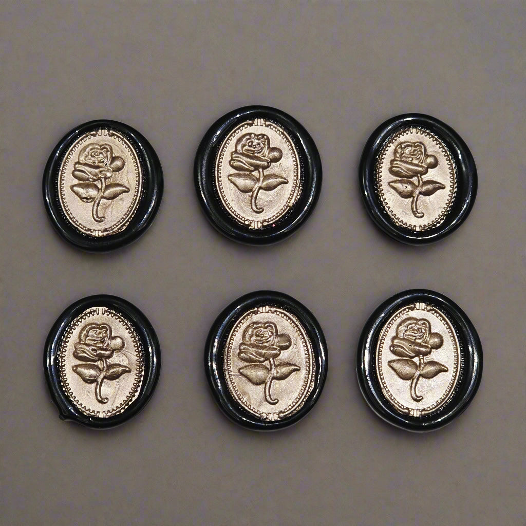 Gothic Rose Champagne Taupe & Black Two Color Wax Seals Set of SIX, with Adhesive Wax Seals for Cards, Invitations and Gifts
