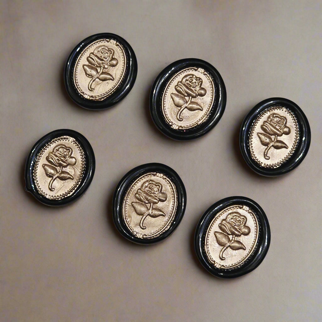 Gothic Rose Champagne Taupe & Black Two Color Wax Seals Set of SIX, with Adhesive Wax Seals for Cards, Invitations and Gifts