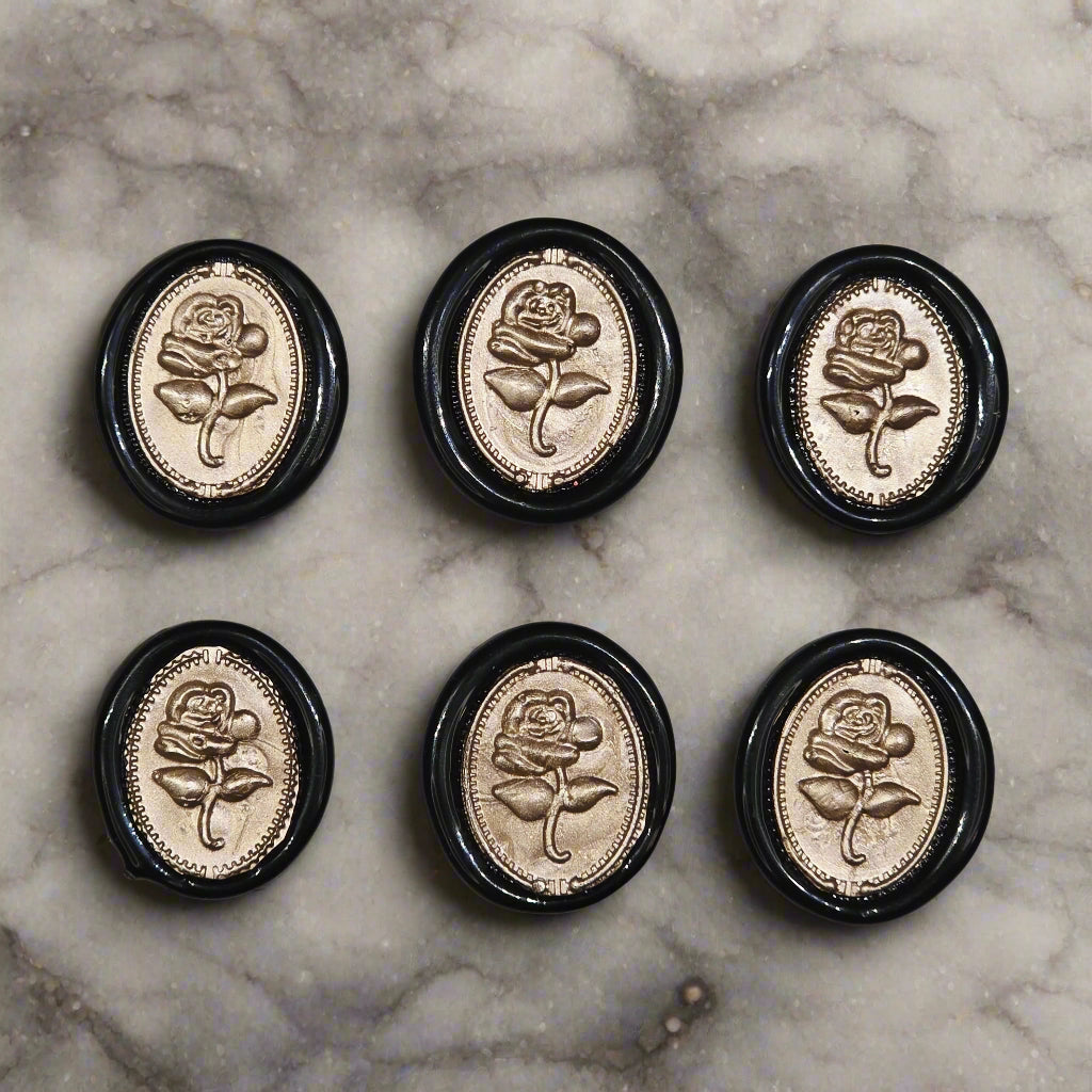 Gothic Rose Champagne Taupe & Black Two Color Wax Seals Set of SIX, with Adhesive Wax Seals for Cards, Invitations and Gifts
