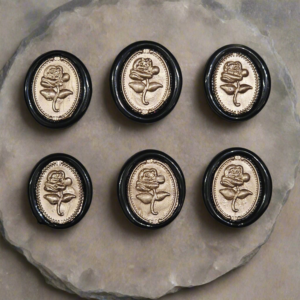 Gothic Rose Champagne Taupe & Black Two Color Wax Seals Set of SIX, with Adhesive Wax Seals for Cards, Invitations and Gifts