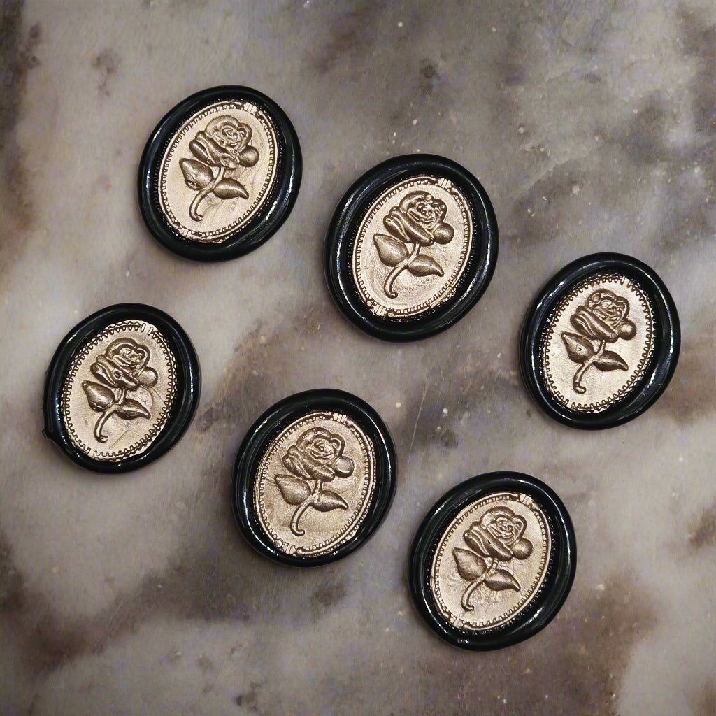 Gothic Rose Champagne Taupe & Black Two Color Wax Seals Set of SIX, with Adhesive Wax Seals for Cards, Invitations and Gifts