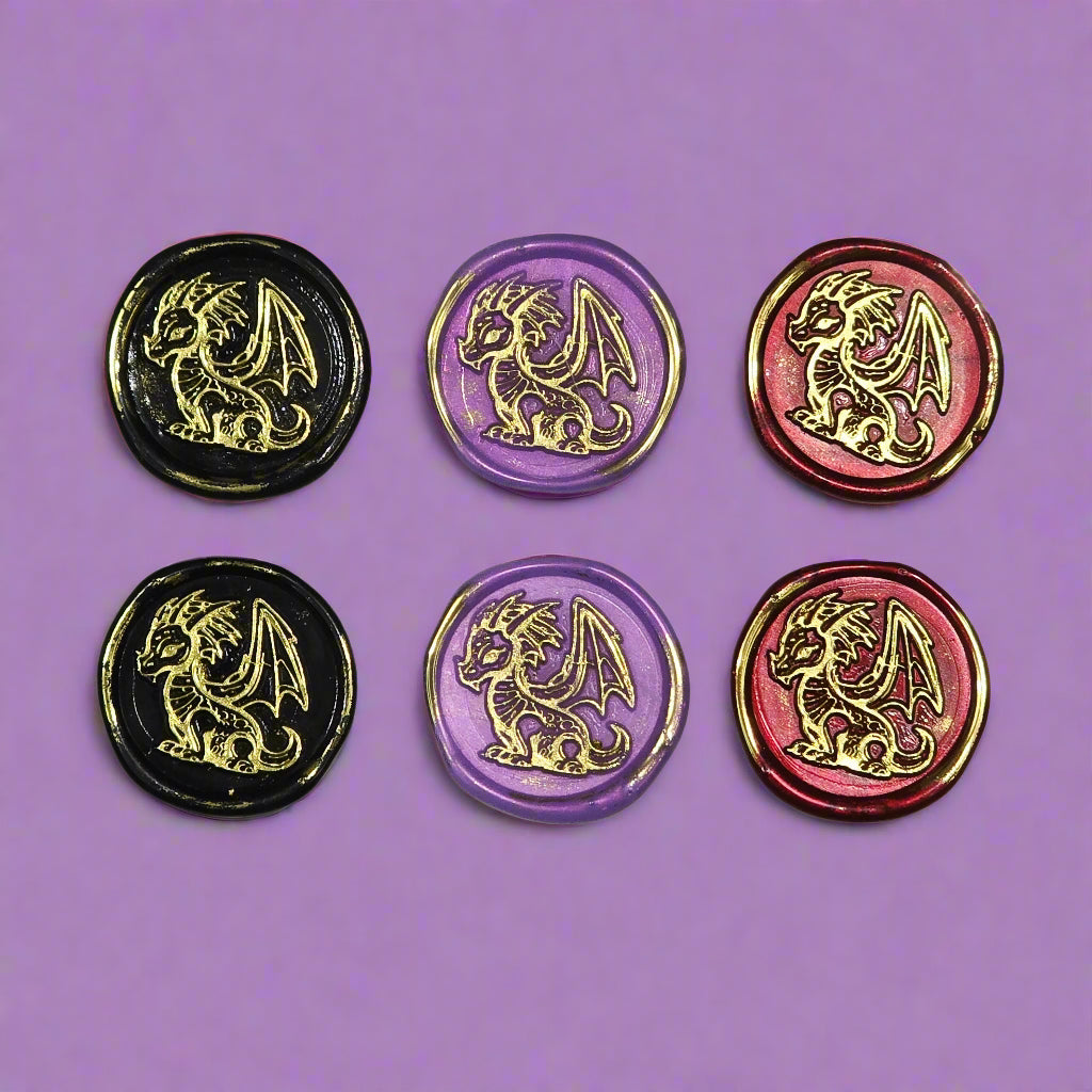 Cute Dragon Wax Seals in Black, Lilac, Ruby & Gold, Set of SIX, for cards, invitations, letters and gifts