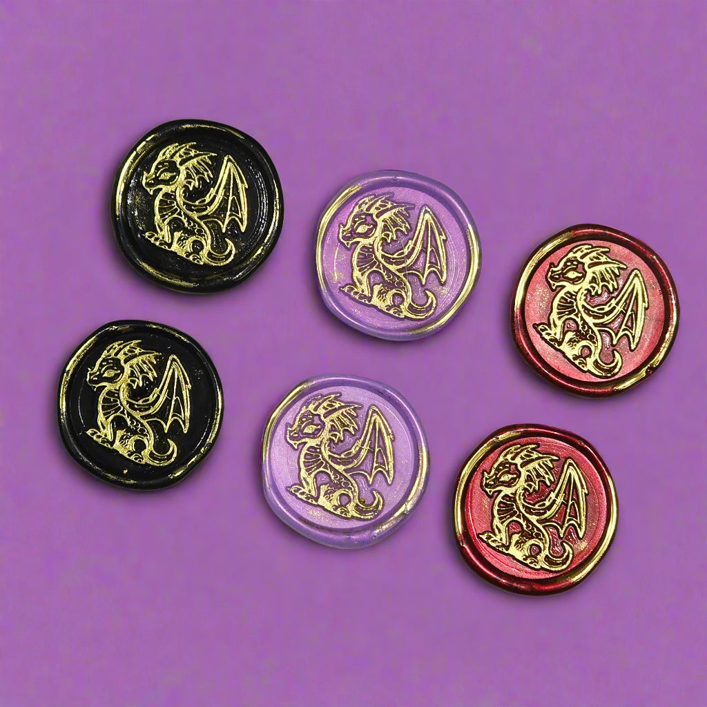 Cute Dragon Wax Seals in Black, Lilac, Ruby & Gold, Set of SIX, for cards, invitations, letters and gifts
