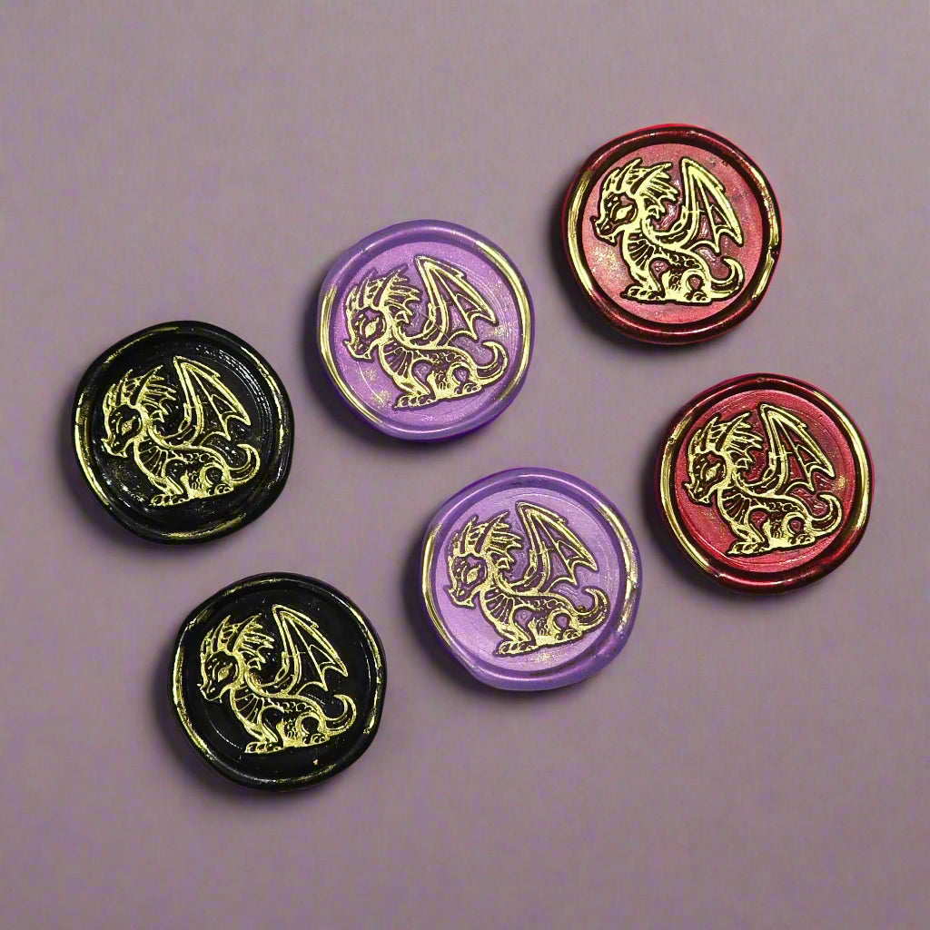Cute Dragon Wax Seals in Black, Lilac, Ruby & Gold, Set of SIX, for cards, invitations, letters and gifts