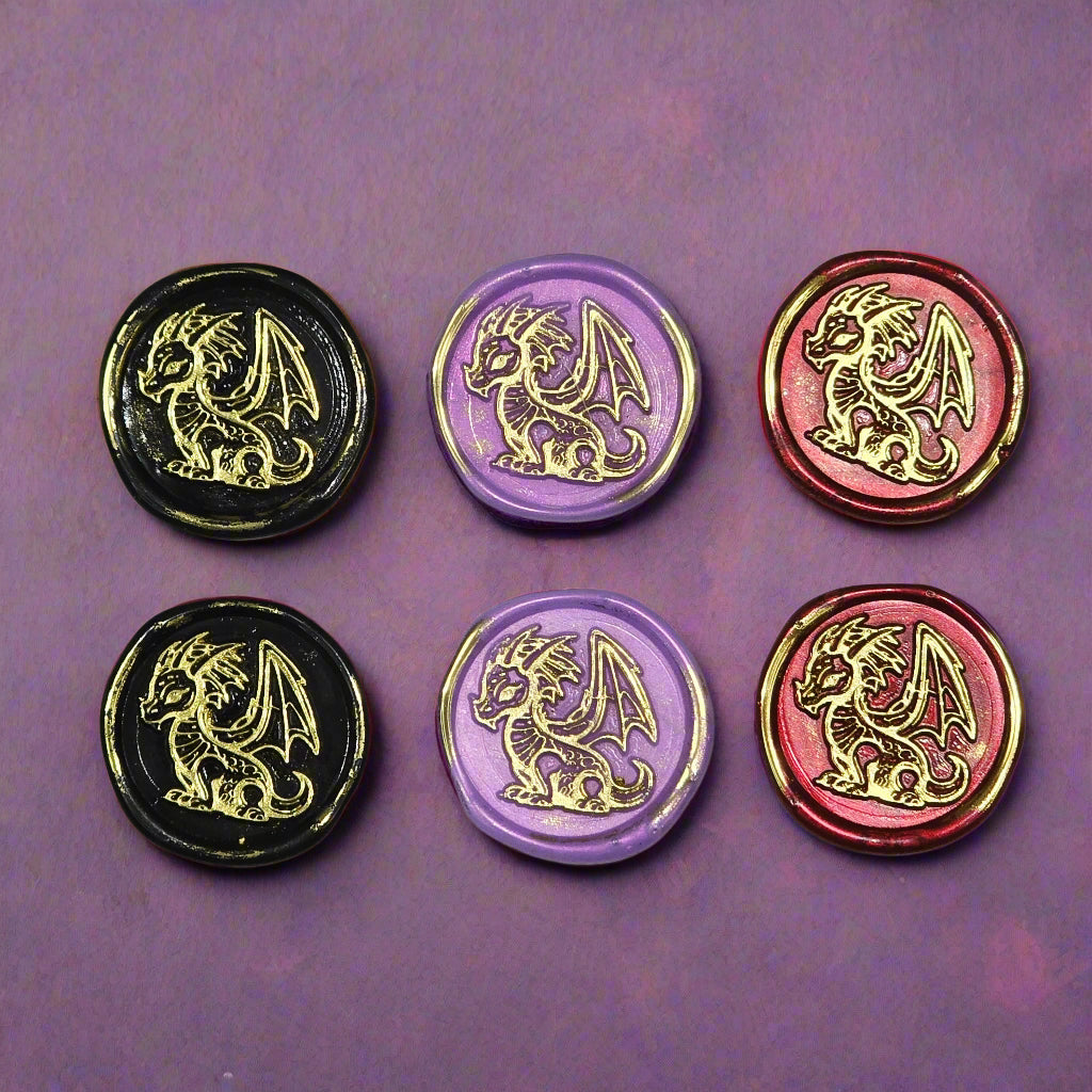 Cute Dragon Wax Seals in Black, Lilac, Ruby & Gold, Set of SIX, for cards, invitations, letters and gifts