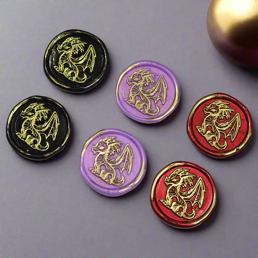 Cute Dragon Wax Seals in Black, Lilac, Ruby & Gold, Set of SIX, for cards, invitations, letters and gifts