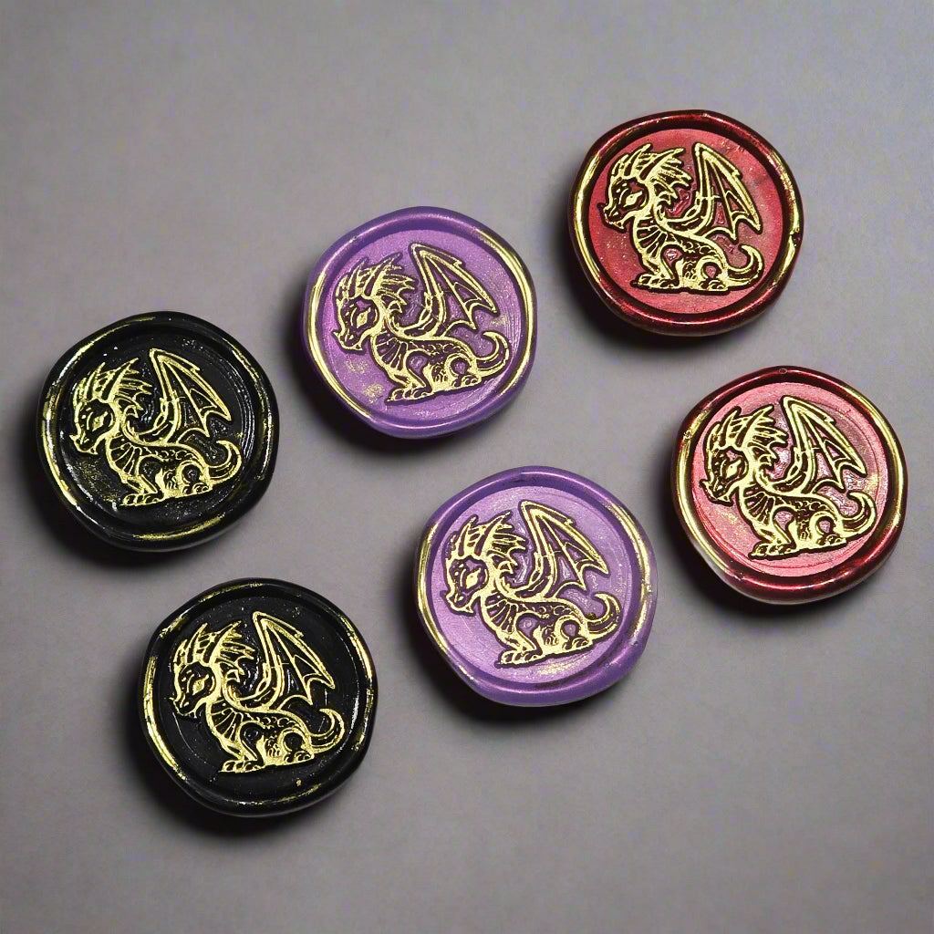 Cute Dragon Wax Seals in Black, Lilac, Ruby & Gold, Set of SIX, for cards, invitations, letters and gifts