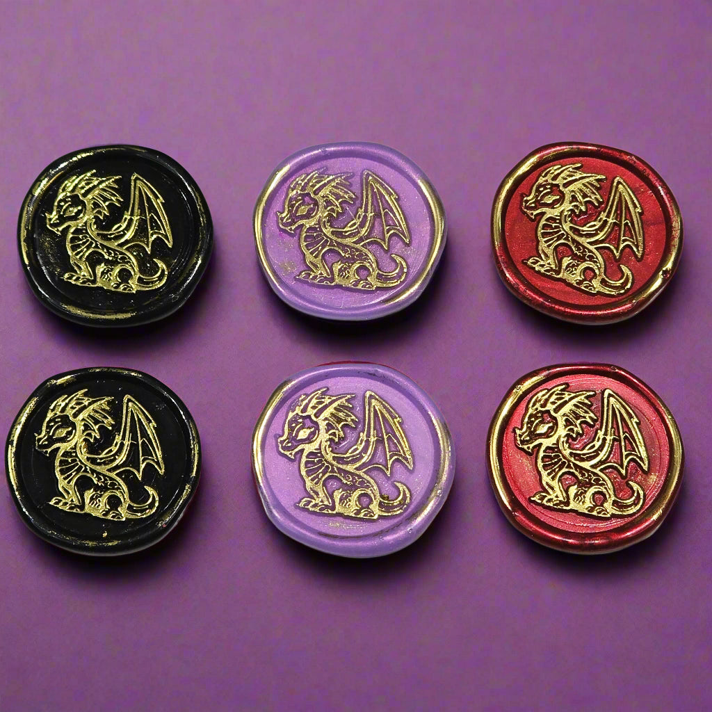 Cute Dragon Wax Seals in Black, Lilac, Ruby & Gold, Set of SIX, for cards, invitations, letters and gifts