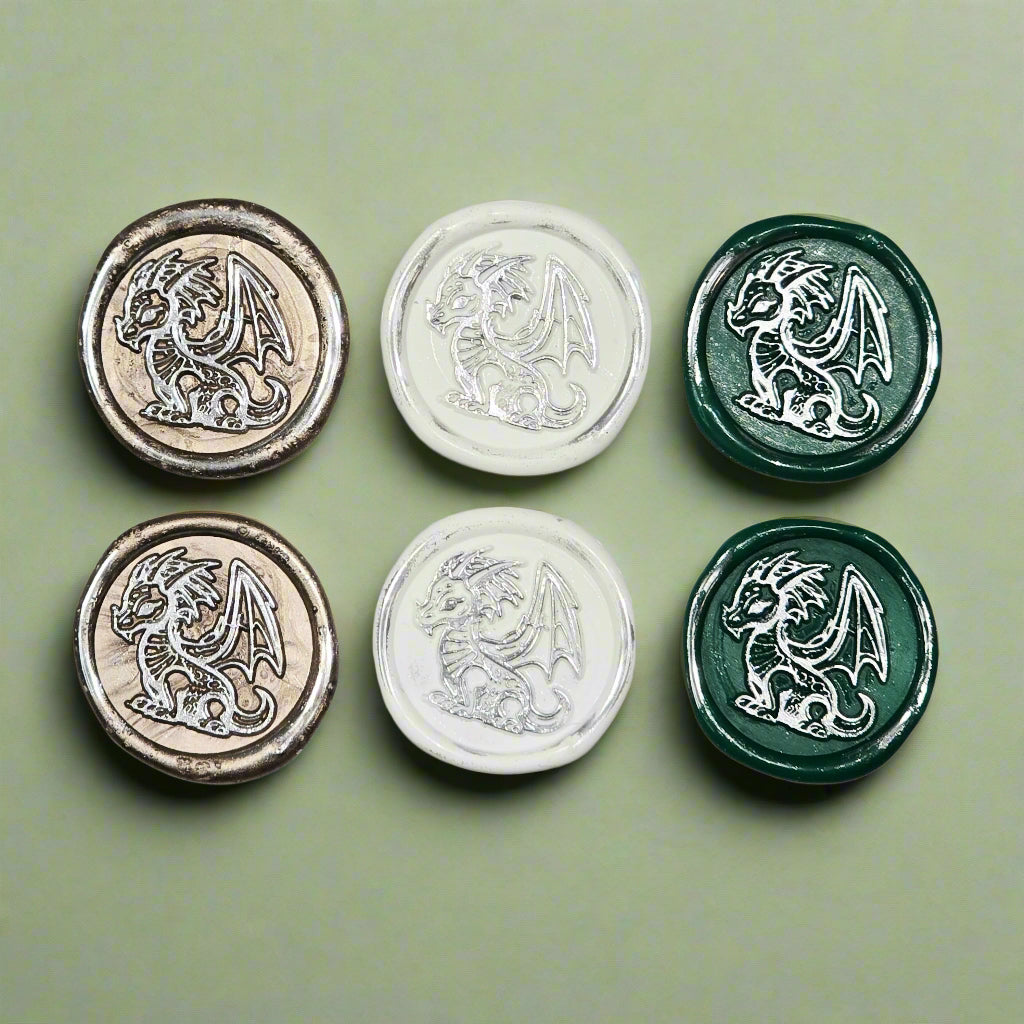 Cute Dragon Wax Seals in White, Green, Champagne & Silver, Set of SIX, for cards, invitations, letters and gifts