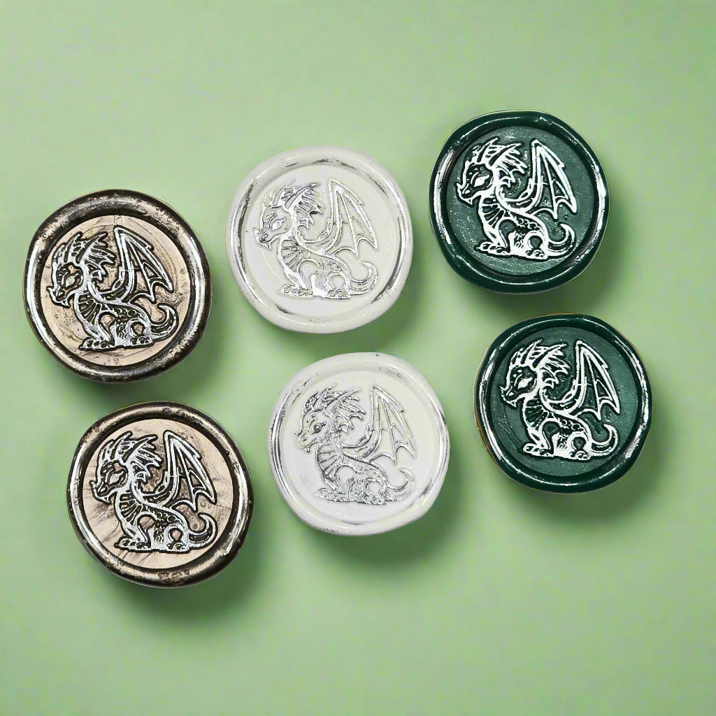 Cute Dragon Wax Seals in White, Green, Champagne & Silver, Set of SIX, for cards, invitations, letters and gifts