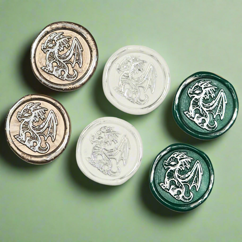 Cute Dragon Wax Seals in White, Green, Champagne & Silver, Set of SIX, for cards, invitations, letters and gifts