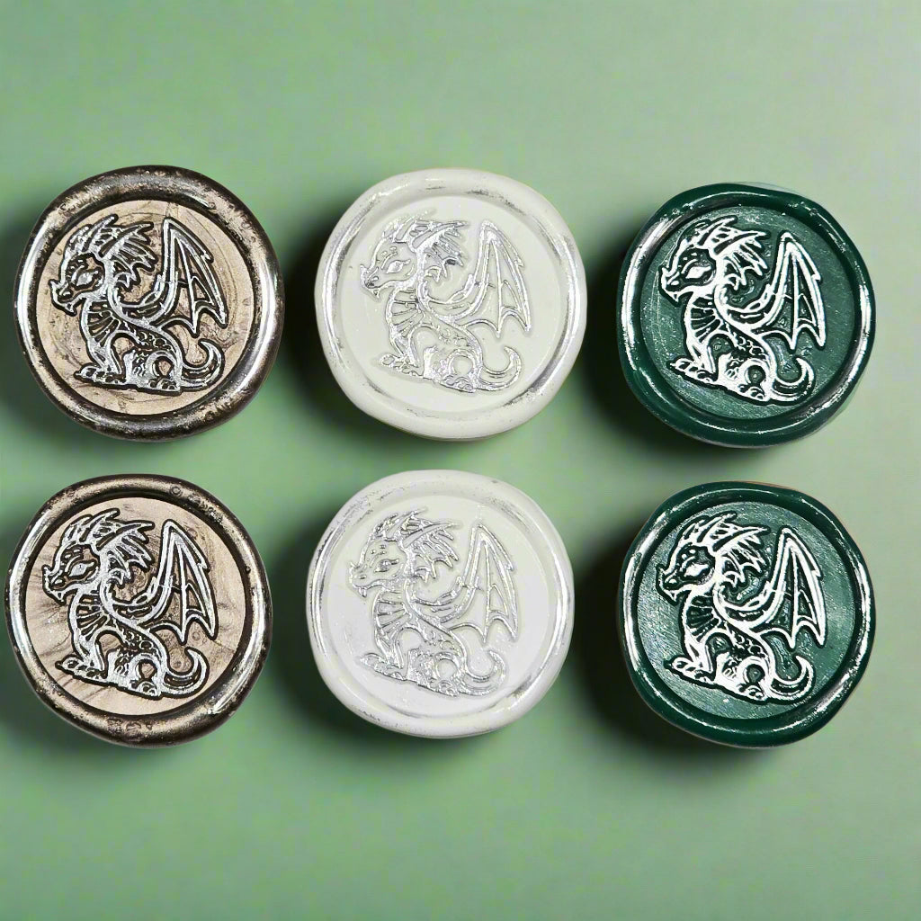 Cute Dragon Wax Seals in White, Green, Champagne & Silver, Set of SIX, for cards, invitations, letters and gifts