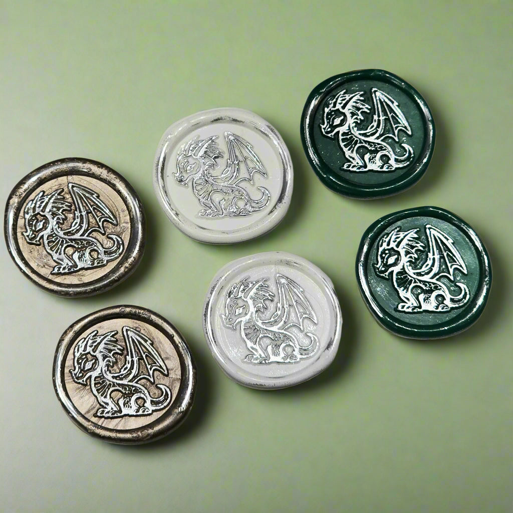 Cute Dragon Wax Seals in White, Green, Champagne & Silver, Set of SIX, for cards, invitations, letters and gifts