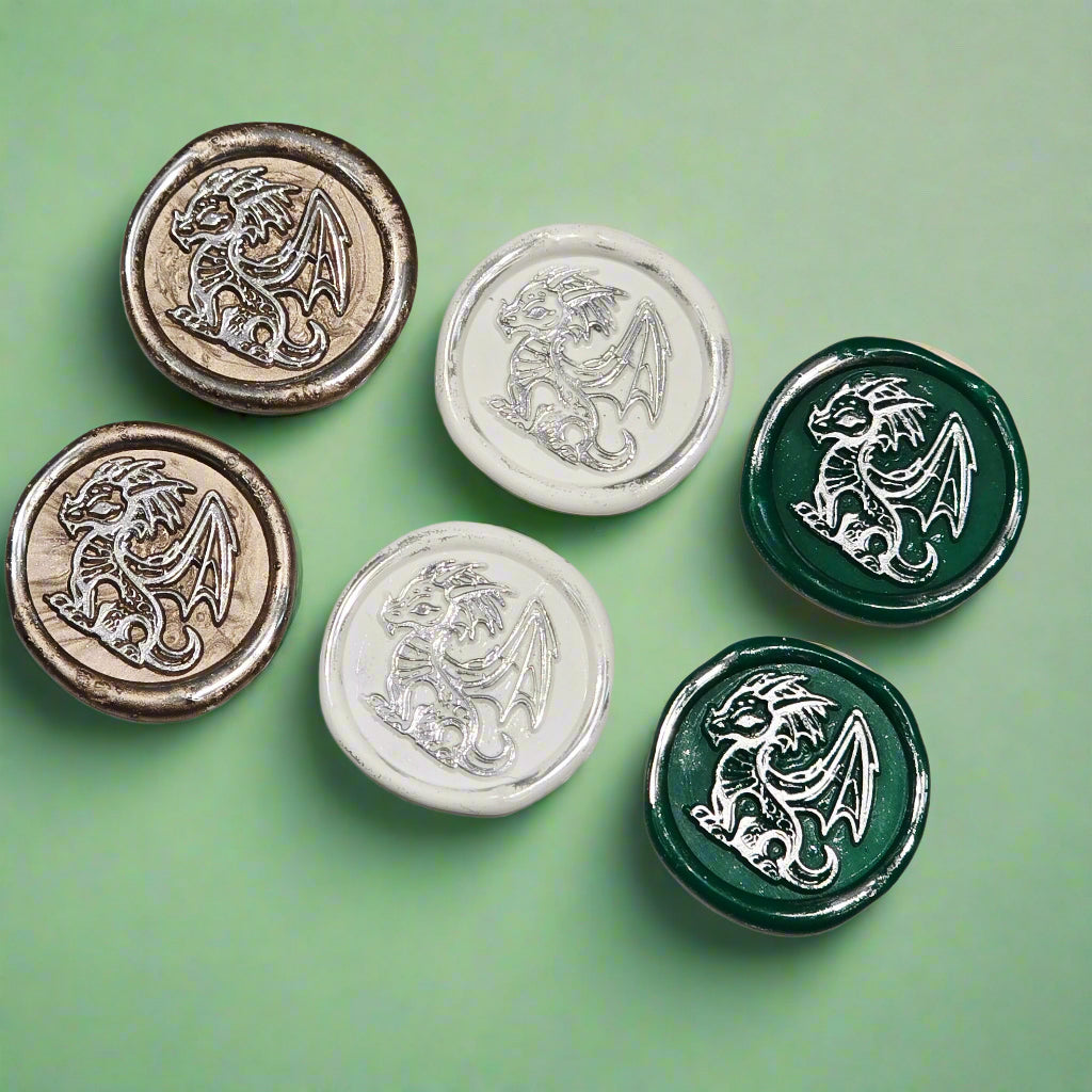 Cute Dragon Wax Seals in White, Green, Champagne & Silver, Set of SIX, for cards, invitations, letters and gifts