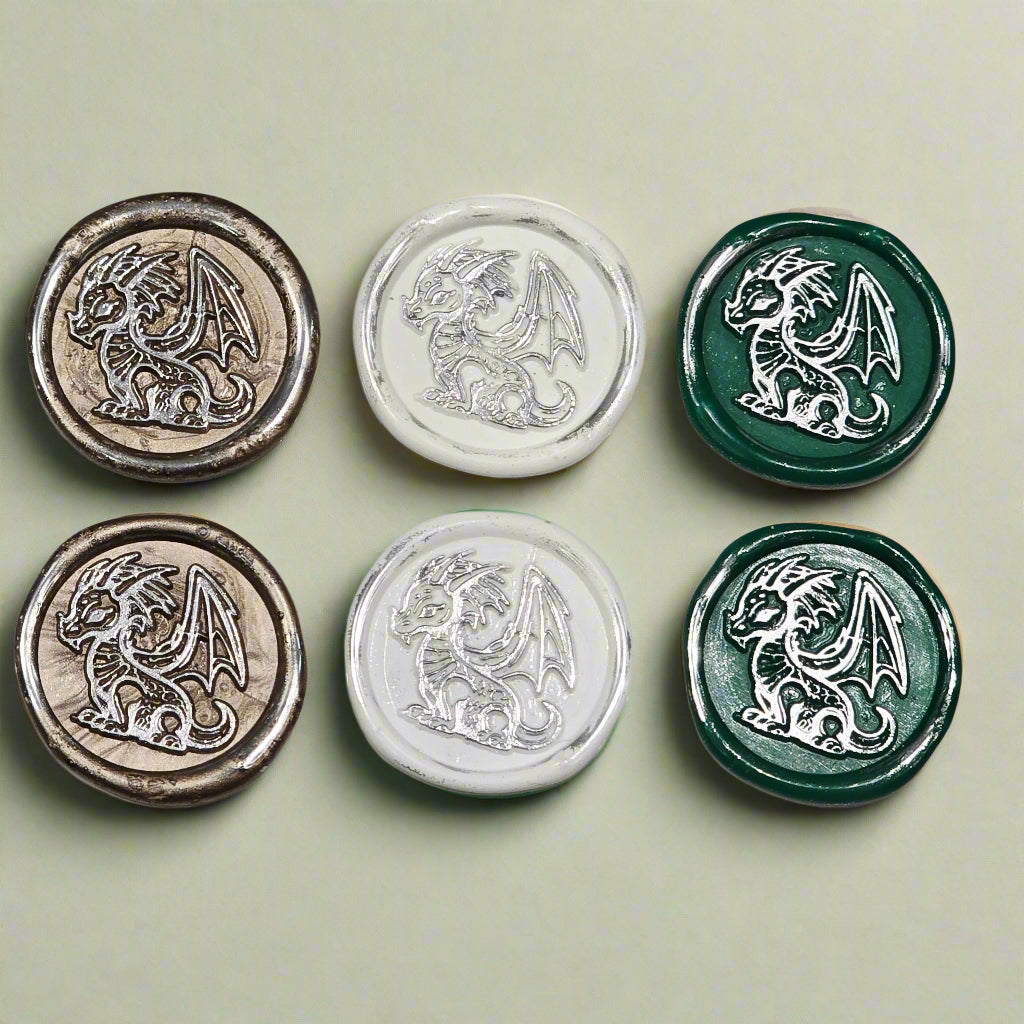 Cute Dragon Wax Seals in White, Green, Champagne & Silver, Set of SIX, for cards, invitations, letters and gifts