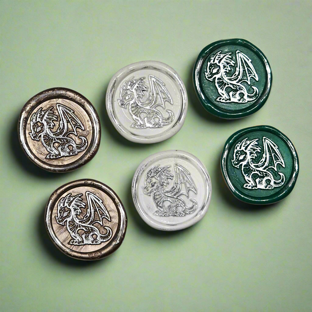 Cute Dragon Wax Seals in White, Green, Champagne & Silver, Set of SIX, for cards, invitations, letters and gifts