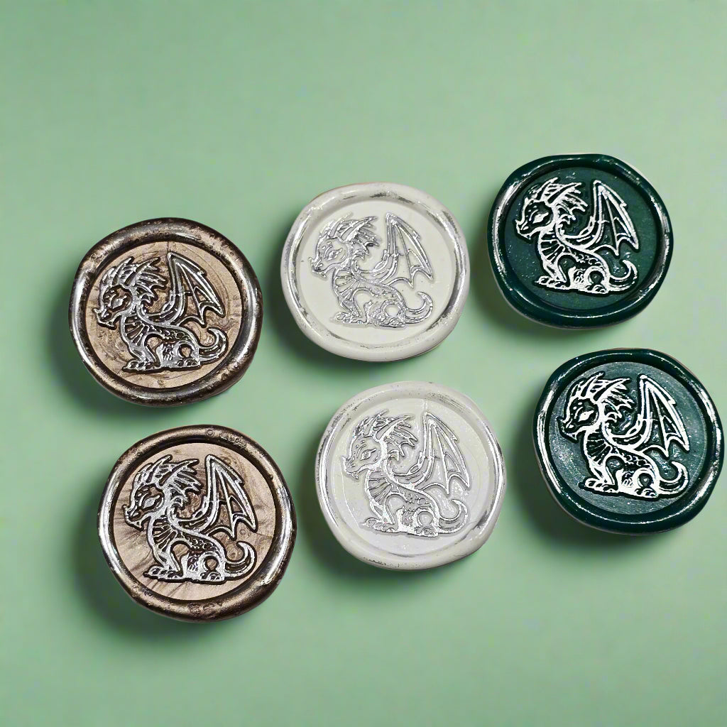 Cute Dragon Wax Seals in White, Green, Champagne & Silver, Set of SIX, for cards, invitations, letters and gifts