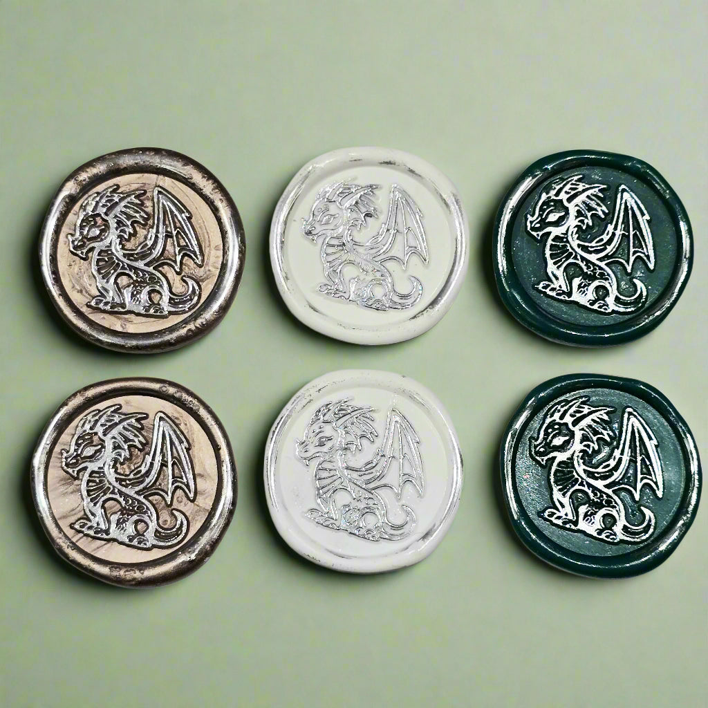 Cute Dragon Wax Seals in White, Green, Champagne & Silver, Set of SIX, for cards, invitations, letters and gifts