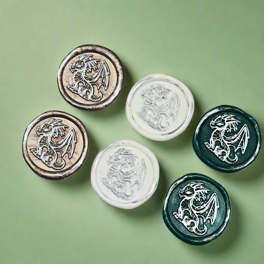 Cute Dragon Wax Seals in White, Green, Champagne & Silver, Set of SIX, for cards, invitations, letters and gifts