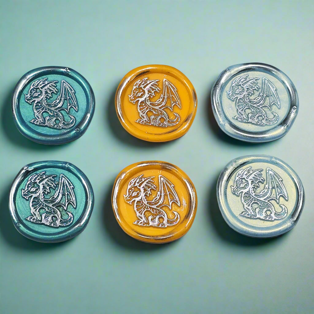 Cute Dragon Wax Seals in Teal, Orange, Ice Blue & Silver, Set of SIX, with adhesive