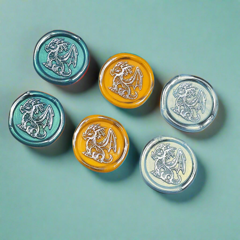 Cute Dragon Wax Seals in Teal, Orange, Ice Blue & Silver, Set of SIX, with adhesive