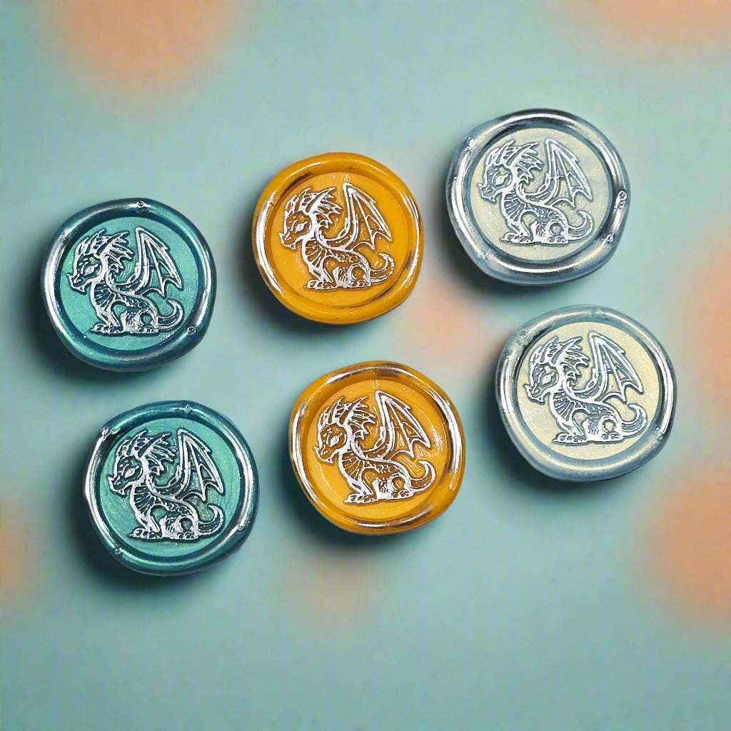 Cute Dragon Wax Seals in Teal, Orange, Ice Blue & Silver, Set of SIX, with adhesive