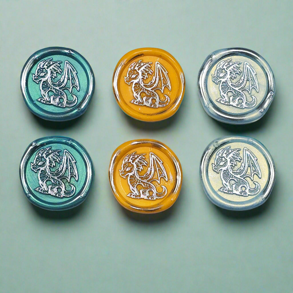 Cute Dragon Wax Seals in Teal, Orange, Ice Blue & Silver, Set of SIX, with adhesive