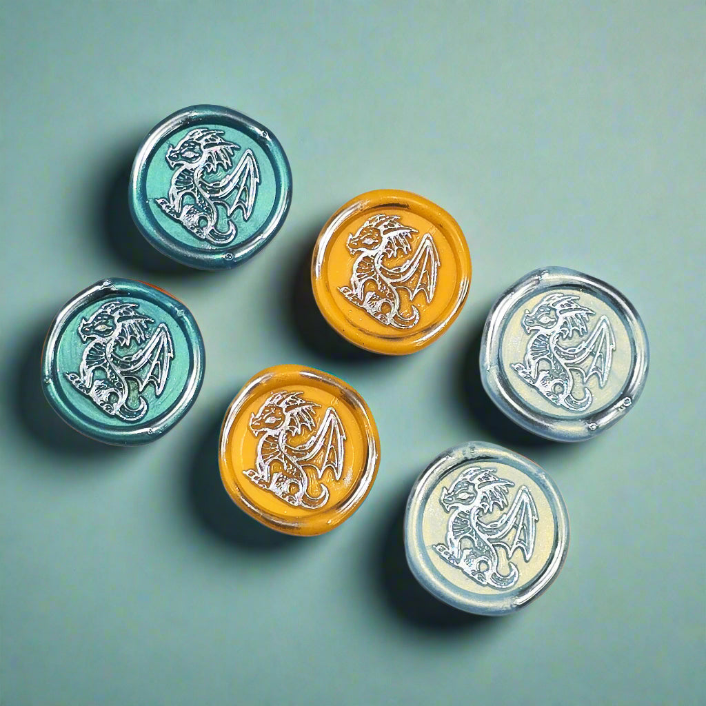 Cute Dragon Wax Seals in Teal, Orange, Ice Blue & Silver, Set of SIX, with adhesive