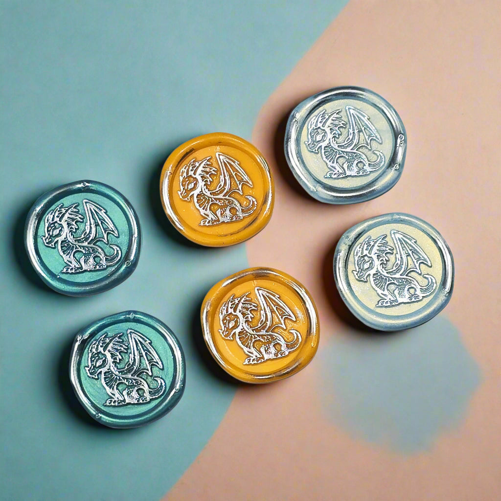 Cute Dragon Wax Seals in Teal, Orange, Ice Blue & Silver, Set of SIX, with adhesive