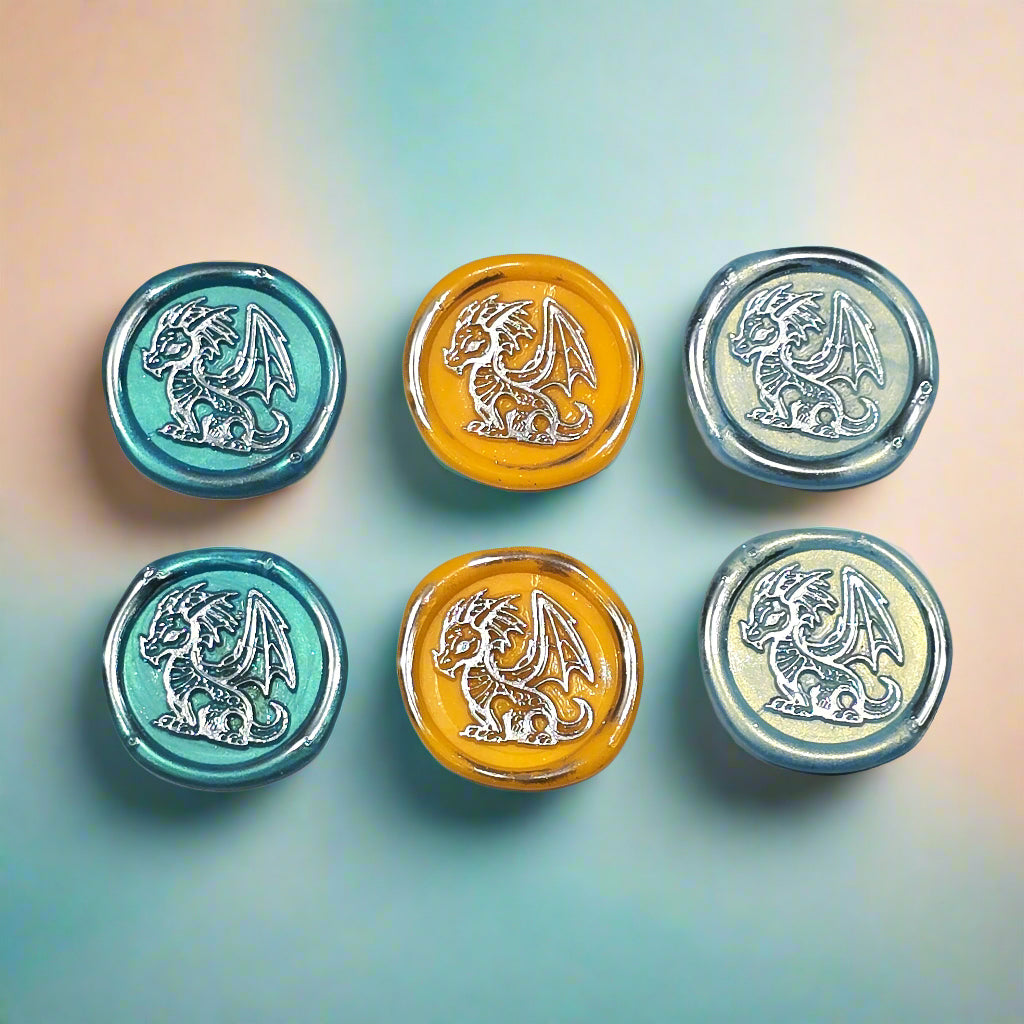Cute Dragon Wax Seals in Teal, Orange, Ice Blue & Silver, Set of SIX, with adhesive