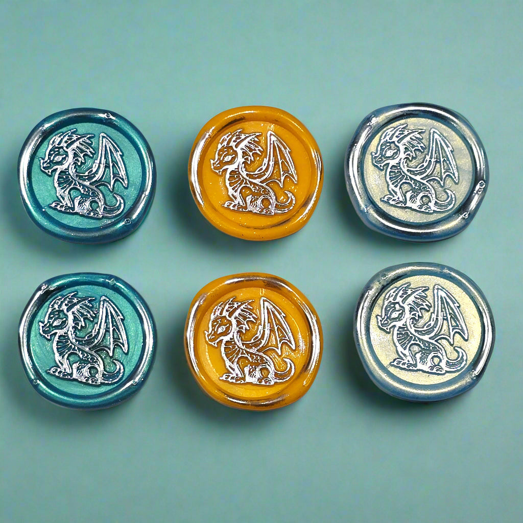 Cute Dragon Wax Seals in Teal, Orange, Ice Blue & Silver, Set of SIX, with adhesive