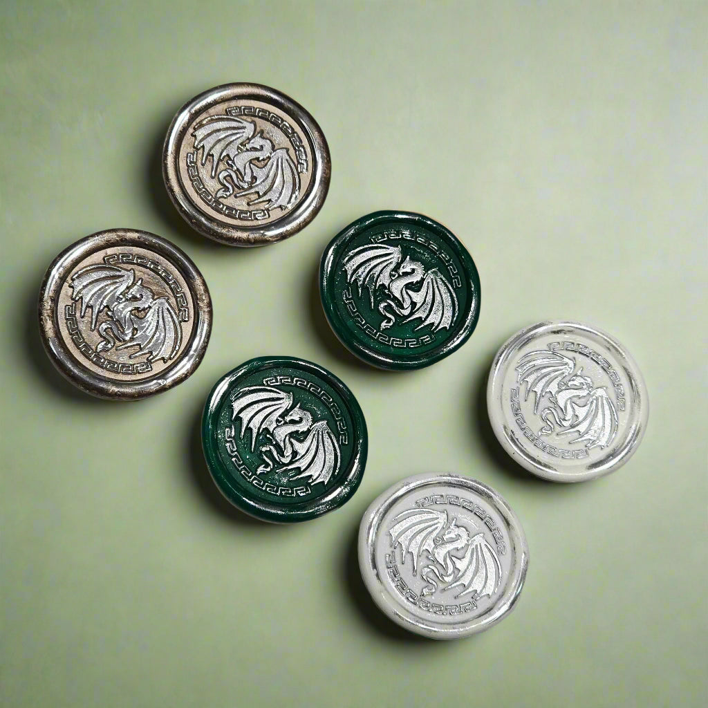 Dragon Wings Spread Wax Seals White, Green, Champagne & Silver Set of SIX, Set of SIX, for cards, invitations, letters and gifts