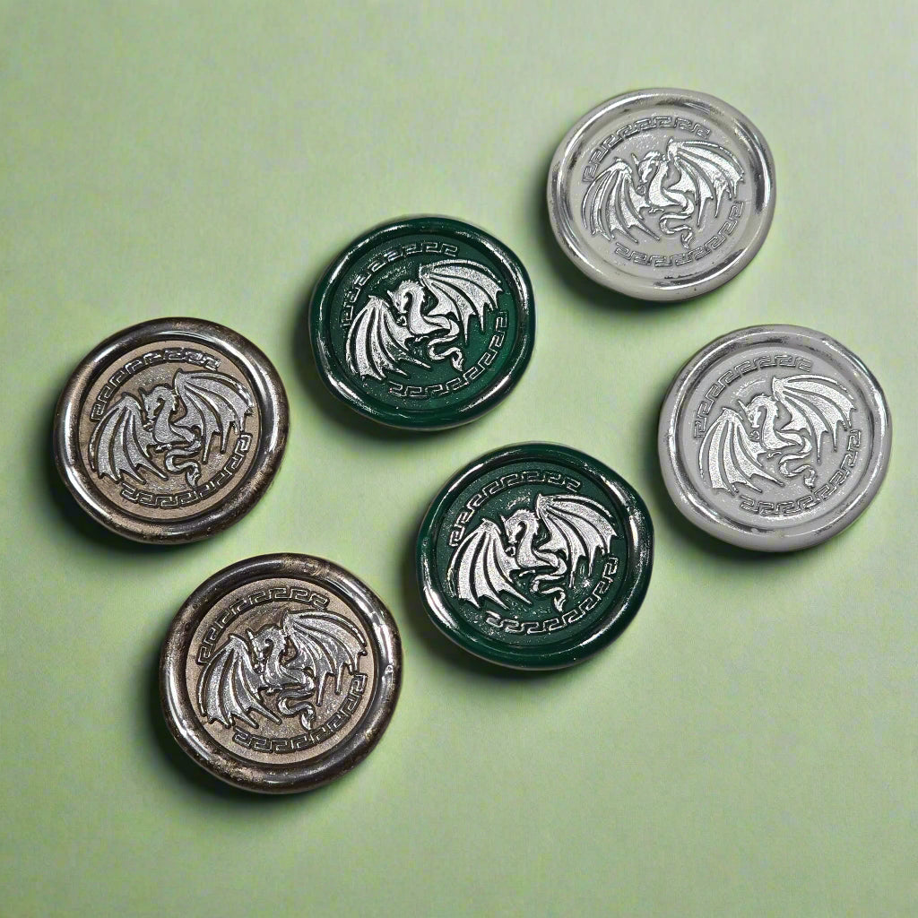 Dragon Wings Spread Wax Seals White, Green, Champagne & Silver Set of SIX, Set of SIX, for cards, invitations, letters and gifts