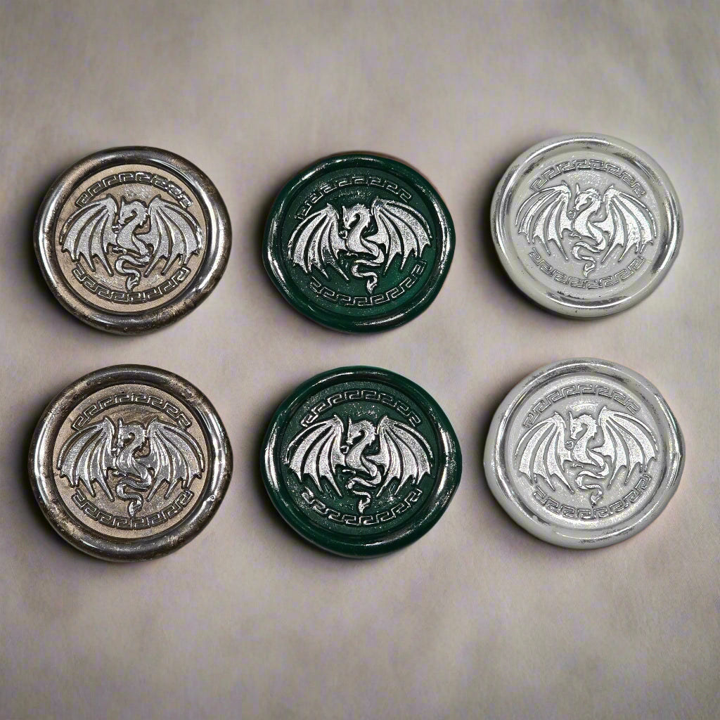 Dragon Wings Spread Wax Seals White, Green, Champagne & Silver Set of SIX, Set of SIX, for cards, invitations, letters and gifts