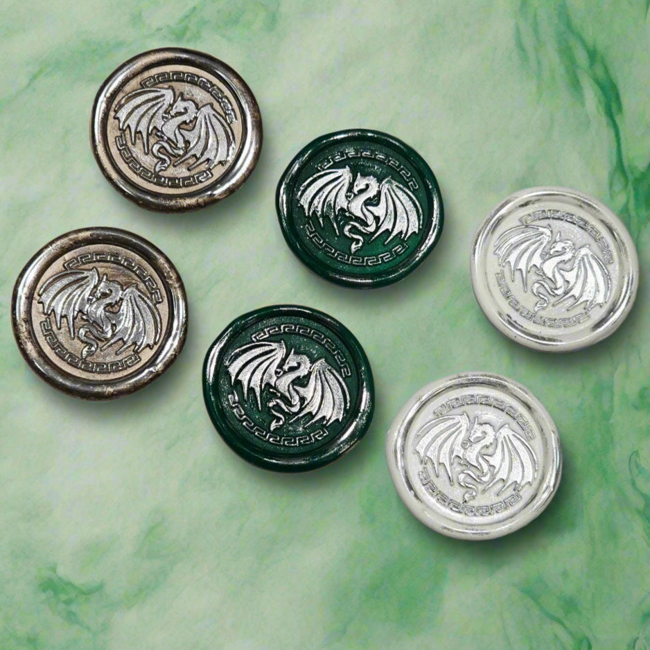 Dragon Wings Spread Wax Seals White, Green, Champagne & Silver Set of SIX, Set of SIX, for cards, invitations, letters and gifts