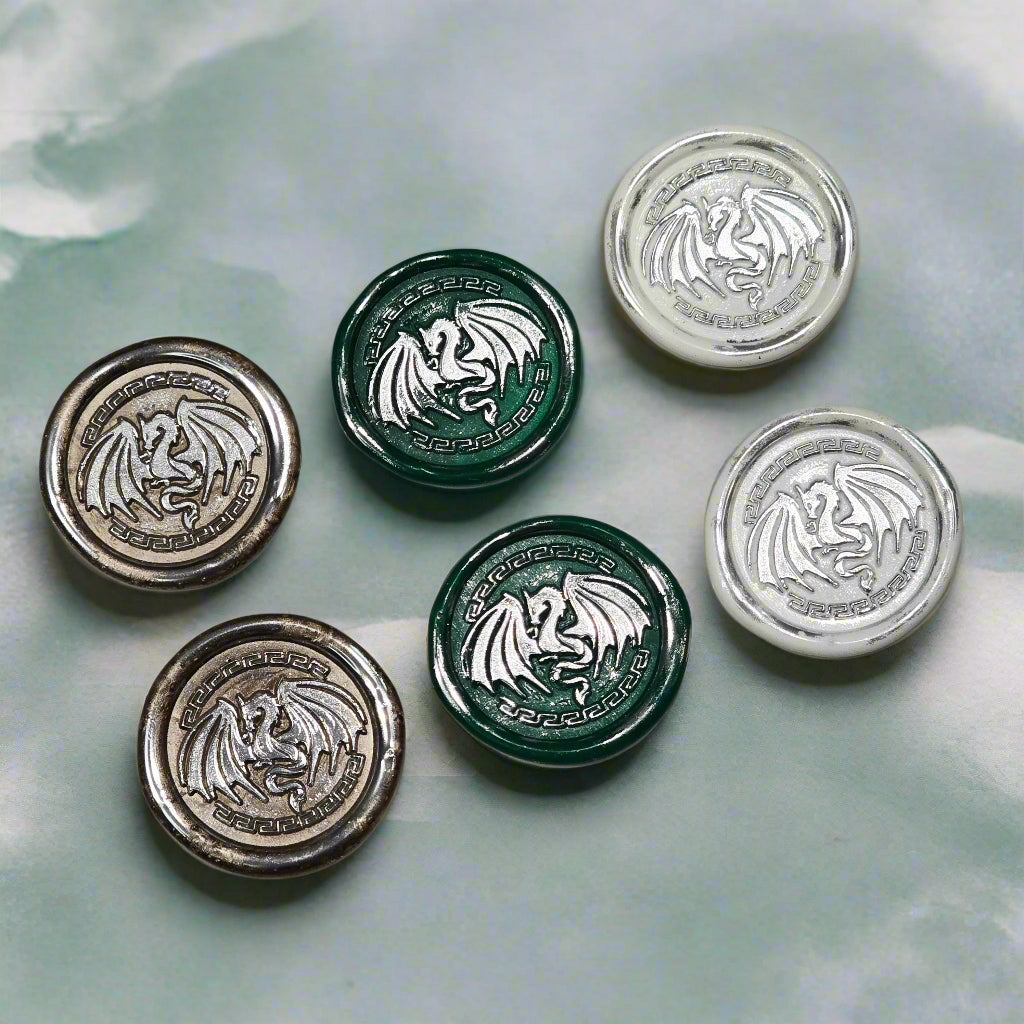 Dragon Wings Spread Wax Seals White, Green, Champagne & Silver Set of SIX, Set of SIX, for cards, invitations, letters and gifts