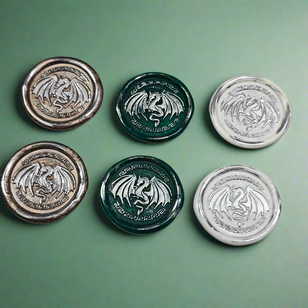 Dragon Wings Spread Wax Seals White, Green, Champagne & Silver Set of SIX, Set of SIX, for cards, invitations, letters and gifts