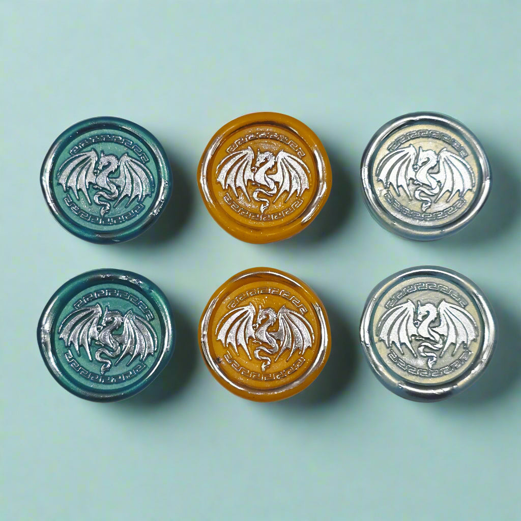 Dragon Wings Spread, Wax Seals in Teal, Orange, Ice Blue & Silver Set of SIX, with adhesive