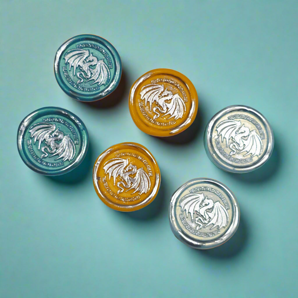 Dragon Wings Spread, Wax Seals in Teal, Orange, Ice Blue & Silver Set of SIX, with adhesive