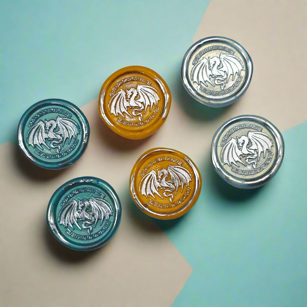 Dragon Wings Spread, Wax Seals in Teal, Orange, Ice Blue & Silver Set of SIX, with adhesive