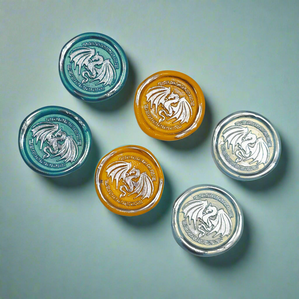 Dragon Wings Spread, Wax Seals in Teal, Orange, Ice Blue & Silver Set of SIX, with adhesive