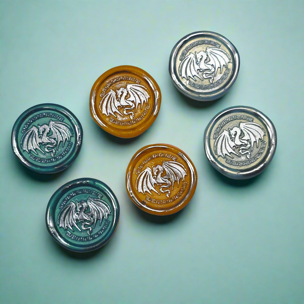 Dragon Wings Spread, Wax Seals in Teal, Orange, Ice Blue & Silver Set of SIX, with adhesive