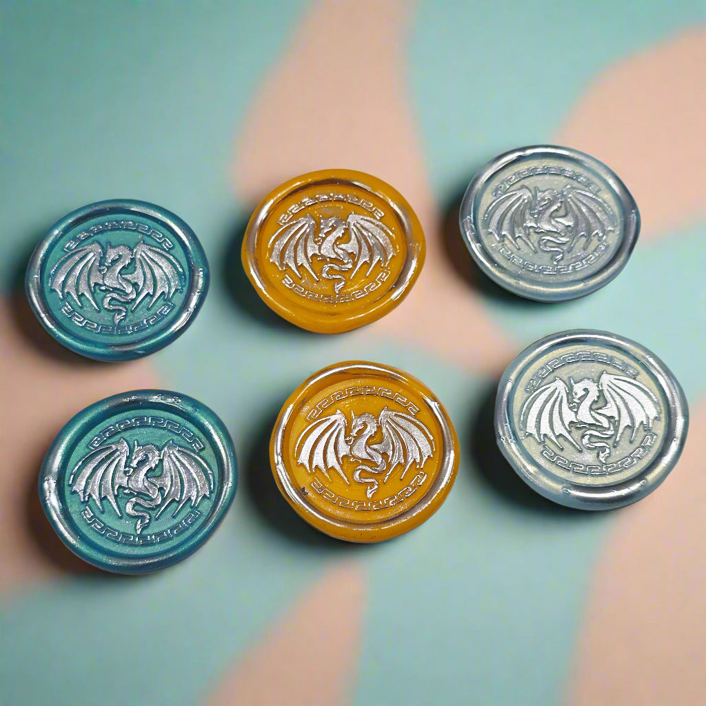 Dragon Wings Spread, Wax Seals in Teal, Orange, Ice Blue & Silver Set of SIX, with adhesive
