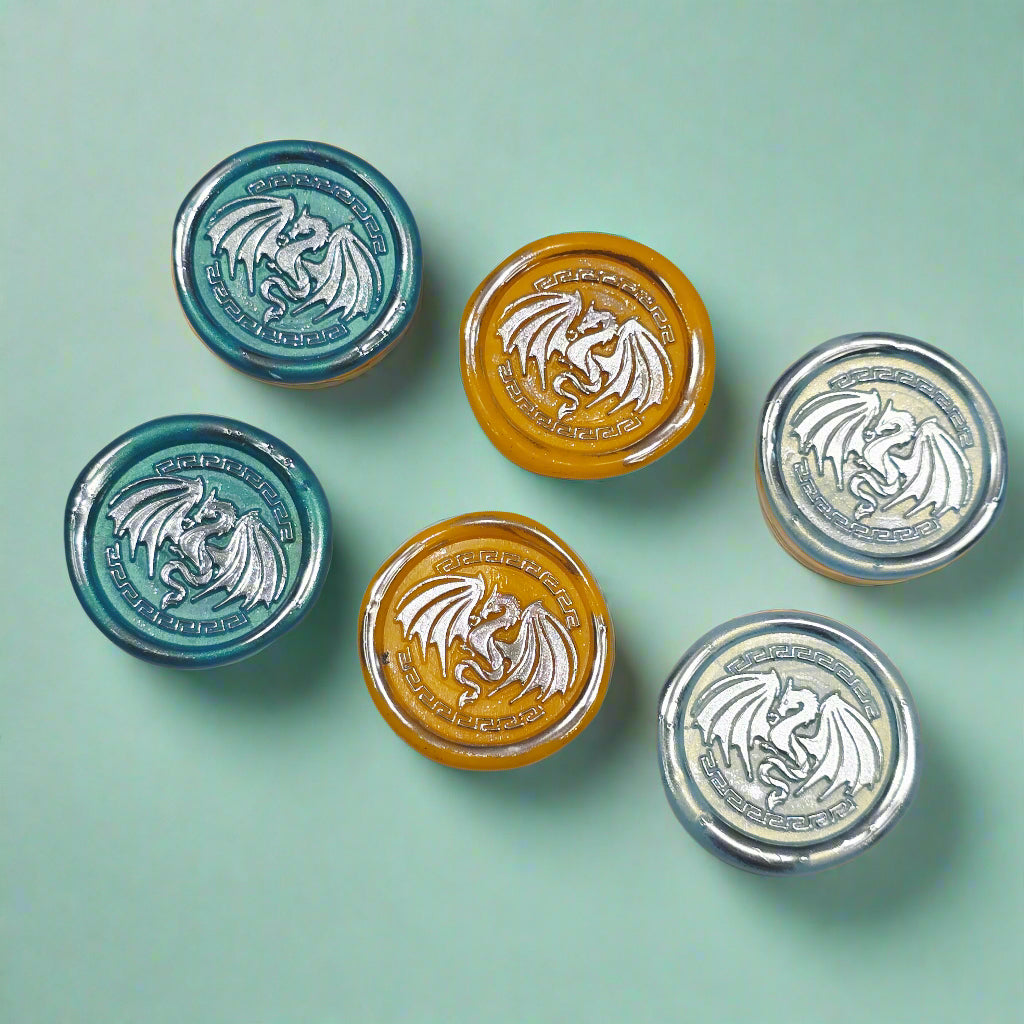 Dragon Wings Spread, Wax Seals in Teal, Orange, Ice Blue & Silver Set of SIX, with adhesive