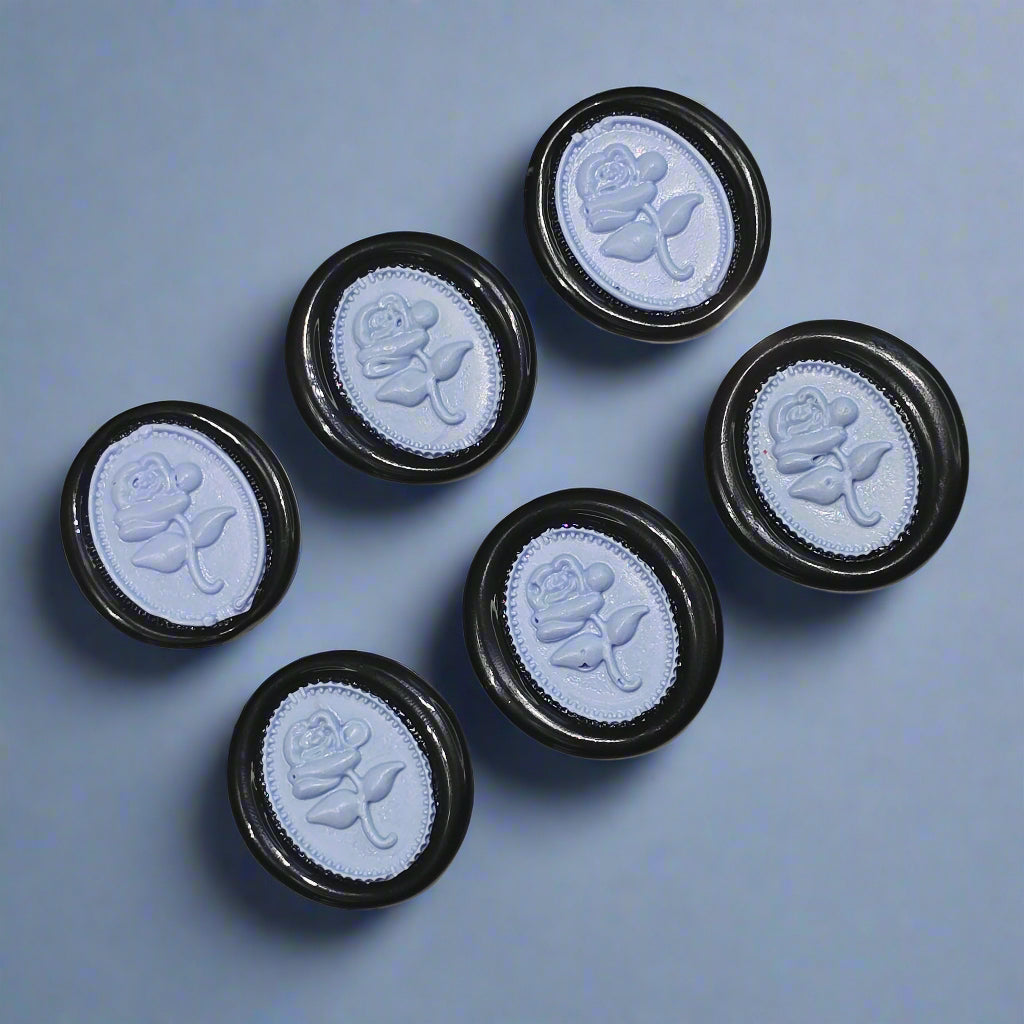 Gothic Rose Periwinkle Blue & Black Two Color Wax Seals Set of SIX, with Adhesive Wax Seals for Cards, Invitations and Gifts