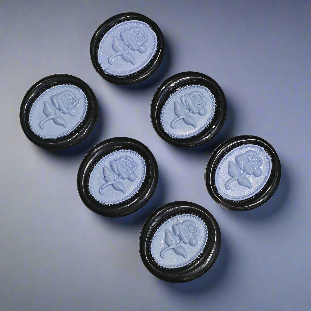 Gothic Rose Periwinkle Blue & Black Two Color Wax Seals Set of SIX, with Adhesive Wax Seals for Cards, Invitations and Gifts