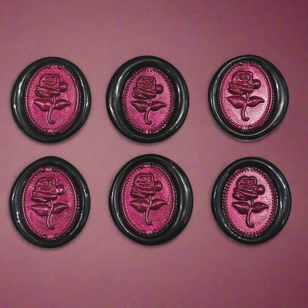 Gothic Rose Mulberry Red & Black Two Color Wax Seals Set of SIX, with Adhesive Wax Seals for Cards, Invitations and Gifts