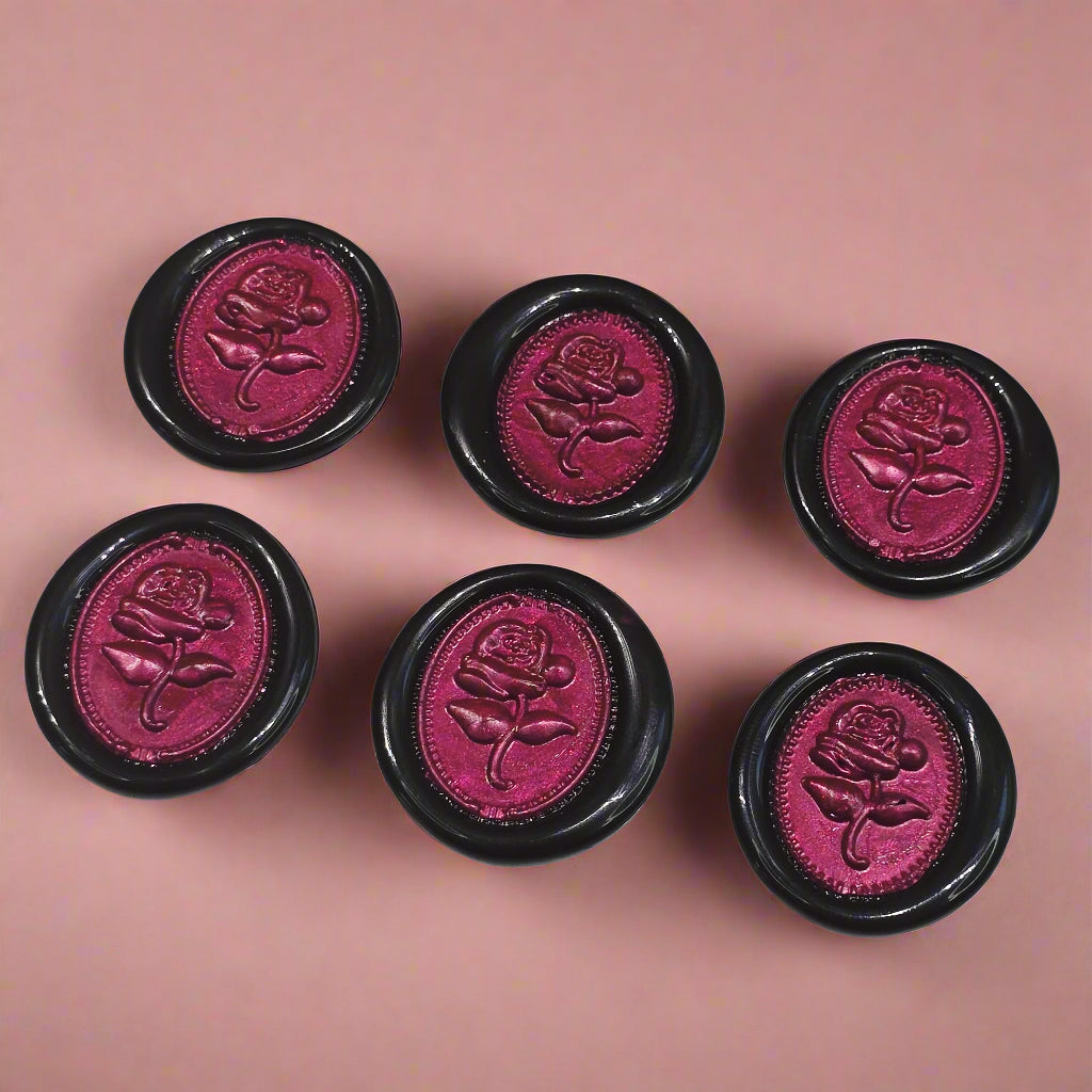 Gothic Rose Mulberry Red & Black Two Color Wax Seals Set of SIX, with Adhesive Wax Seals for Cards, Invitations and Gifts