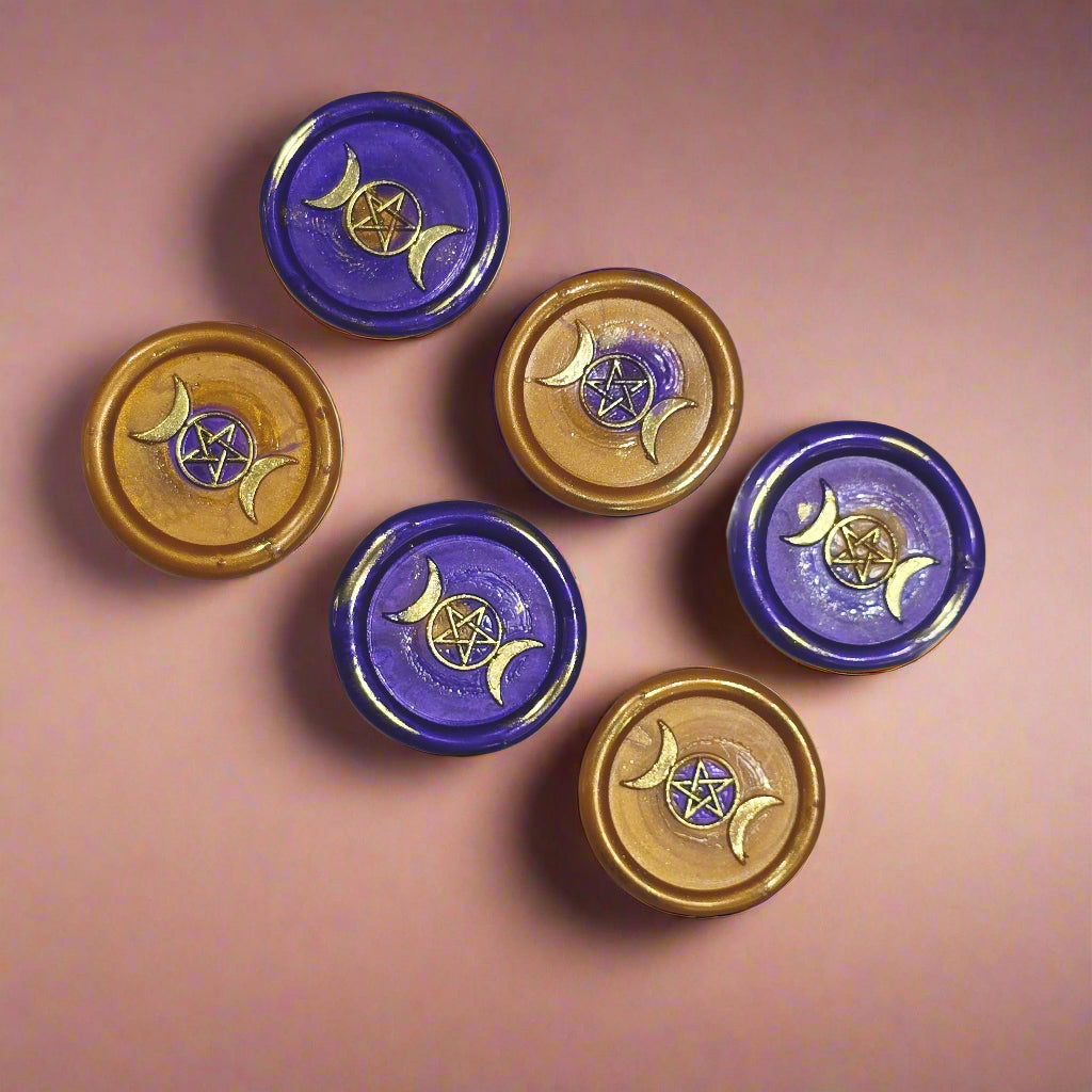 Triple Moon Wax Seals Purple & Gold, Set of SIX, for cards, invitations, letters and gifts